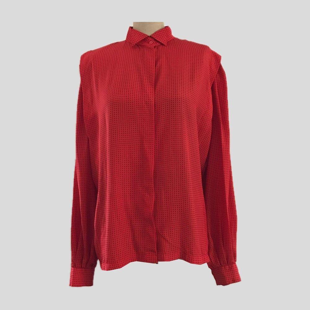 Vintage 80s Liz Claiborne Red Black Polka Dot Collared Blouse Womens L